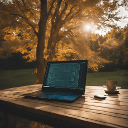 ordinateur posé sur une table avec café et souris dans un décor d'automne